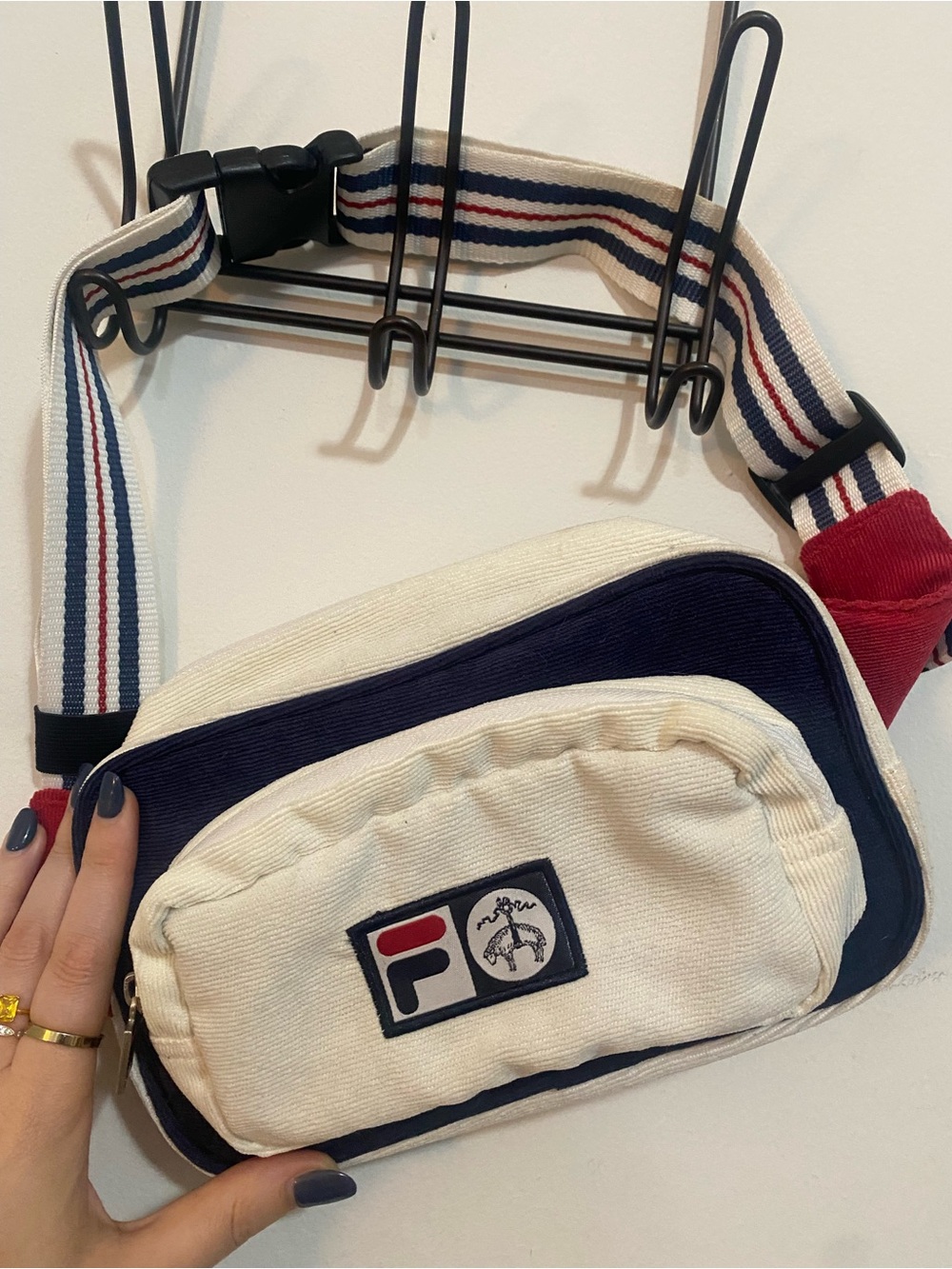FILA x Brooks Brothers Cream and Navy Corduroy Crossbody Belt Bag